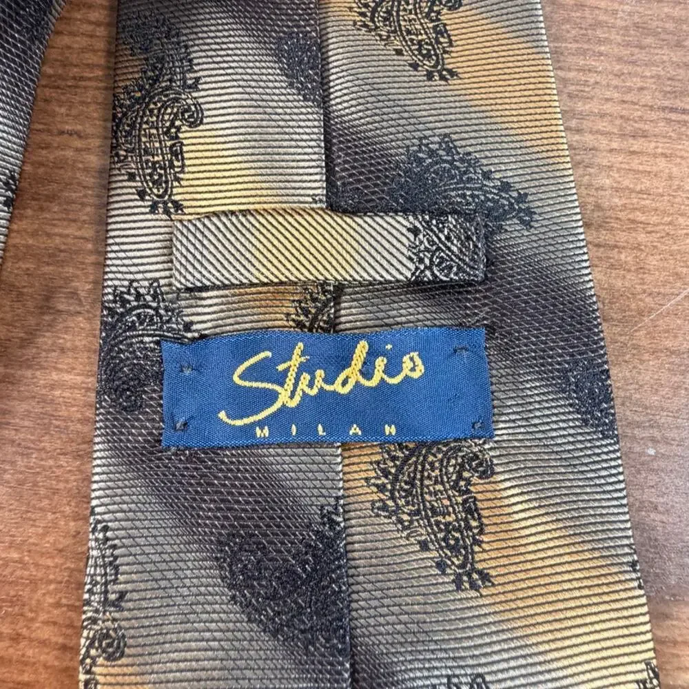 Vintage Studio Milano Handmade Gold Striped Paisley Silk Blend Necktie